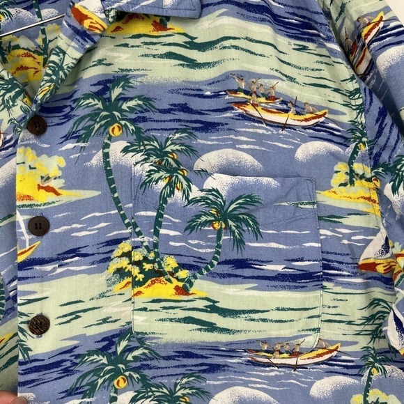 Utility Hawaiian Shirt Colorful Ocean Beach Boat Blue Green XL - Picture 3 of 6